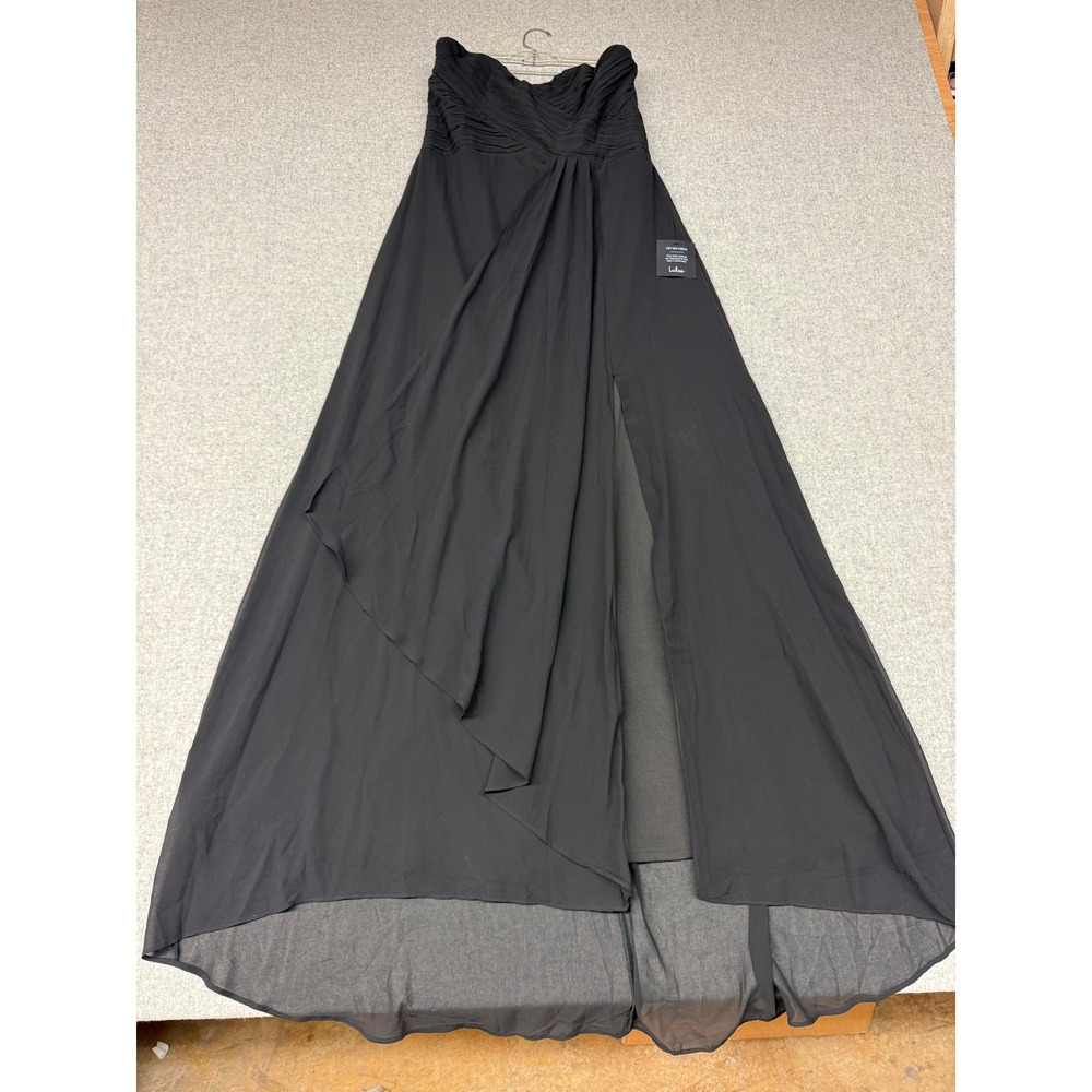 Lulus Strapless Maxi Dress XL Black Pleated High Slit Formal Evening Gown NWT